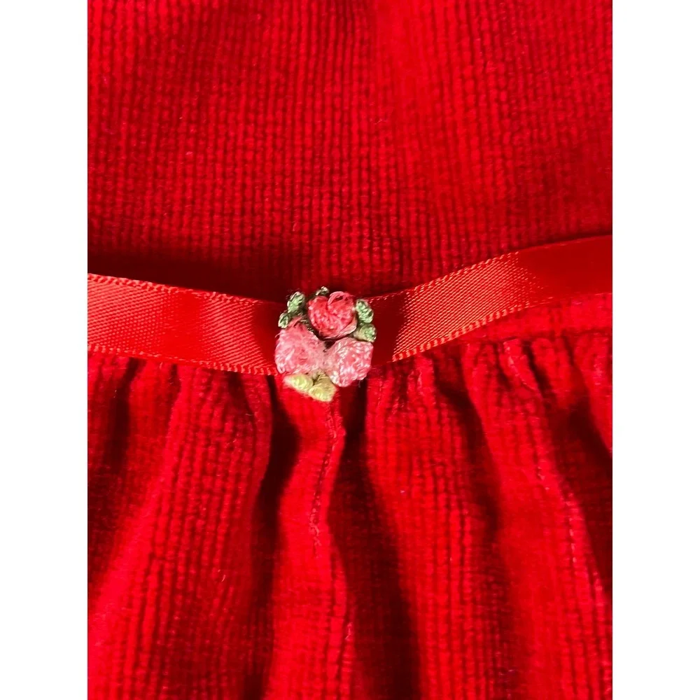 Vintage Red Corduroy Pinafore and Pants Set Lace Trim‎ Rose Detail Infant 18M